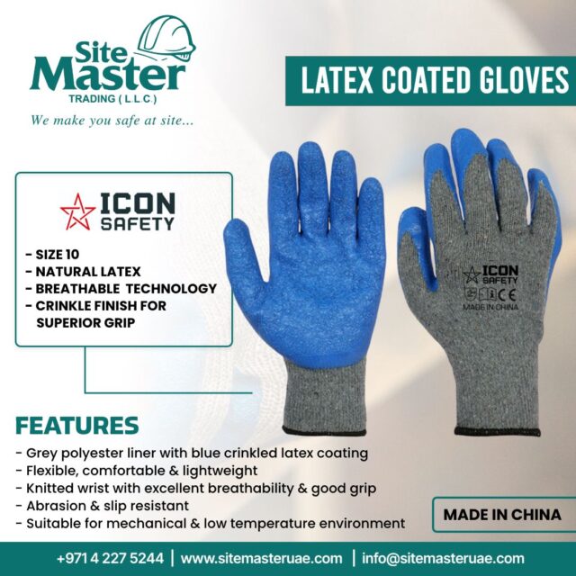 Work smarter and safer with SiteMaster Trading LLC’s Latex Coated Gloves by Icon Safety 🧤⚡ Made with a grey polyester liner and blue crinkled latex coating, these gloves offer excellent grip, flexibility, and durability. Designed with breathable technology and a knitted wrist, they’re lightweight, comfortable, and perfect for all-day use! 💪🔧

#SiteMaster #IconSafety #LatexGloves #WorkplaceSafety #DurableProtection #ComfortableGear #StrongGrip #BreathableDesign #SafetyEssentials #HandProtection