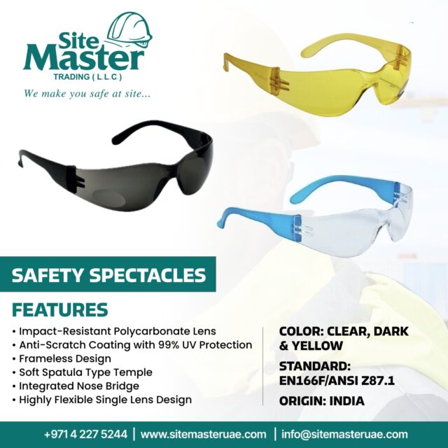 See safety clearly 👓⚙️ The Safety Spectacles by Site Master Trading LLC are designed for comfort, clarity, and complete protection 💪 Featuring impact-resistant polycarbonate lenses with anti-scratch coating and 99% UV protection ☀️ The frameless, flexible single-lens design ensures a lightweight fit with soft spatula temples and an integrated nose bridge for all-day comfort. Available in Clear, Dark, and Yellow — certified to EN166F/ANSI Z87.1 standards 🇮🇳✨

#SiteMasterTrading #SafetySpectacles #EyeProtection #IndustrialSafety #UVProtection #AntiScratch #WorkplaceSafety #DurableDesign #MadeInIndia #QualityYouCanTrust